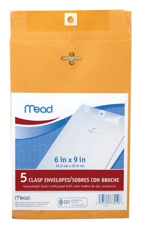 Mead 6 in. W X 9 in. L A10 Brown Envelopes 5 pk Fashion