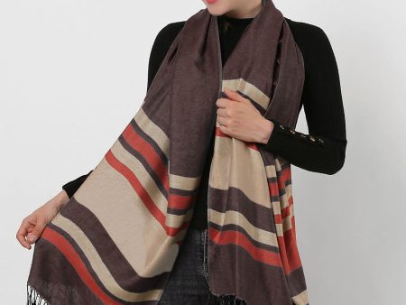 SF1133 Coffee - Textured Patchwork Stripe Scarf With Tassels Cheap