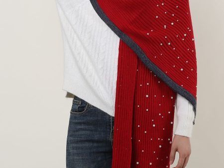 SF1151 Red - Pure Color Scarf With Pearls Decoration Fashion