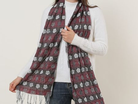 SF1155 Red - Floral Pattern Scarf With Tassels Trims Discount