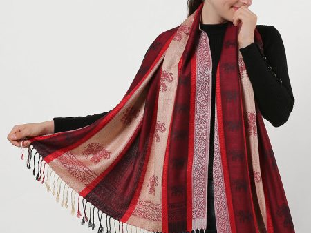 SF1134 Red - Elephant Pattern Scarf With Tassels Cheap