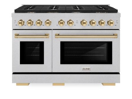 ZLINE Autograph Edition 48 in. 6.7 cu. ft. Paramount Double Oven Dual Fuel Range with 8 Burner Gas Cooktop in DuraSnow  Stainless Steel and Polished Gold Accents (SDRSZ-48-G) Online