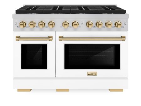 ZLINE Autograph Edition 48 in. 6.7 cu. ft. Paramount Double Oven Dual Fuel Range with 8 Burner Gas Cooktop in Stainless Steel with White Matte Doors and Polished Gold Accents (SDRZ-WM-48-G) Fashion