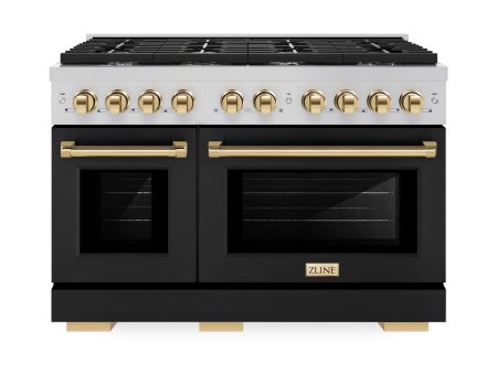 ZLINE Autograph Edition 48 in. 6.7 cu. ft. Paramount Double Oven Dual Fuel Range with 8 Burner Gas Cooktop in Stainless Steel with Black Matte Doors and Polished Gold Accents (SDRZ-BLM-48-G) For Sale